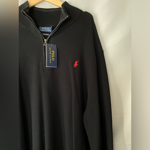 POLO RALPH LAUREN BLACK COTTON MESH QUARTER ZIP SWEATER - Picture 3 of 3